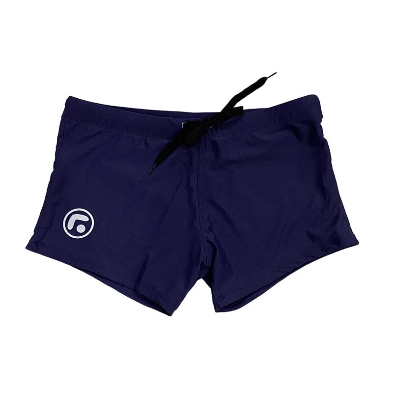Sexy Men's Solid Color Drawstring Swimming Trunks SF0821 - Stylish blue surf shorts with logo and adjustable fit, perfect for beach.